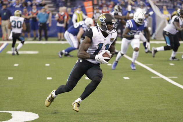 Jacksonville Jaguars wide receiver Marqise Lee (11) runs after a catch during the second half of an NFL football game against the Indianapolis Colts in Indianapolis, Sunday, Jan. 1, 2017. (AP Photo/AJ Mast)
