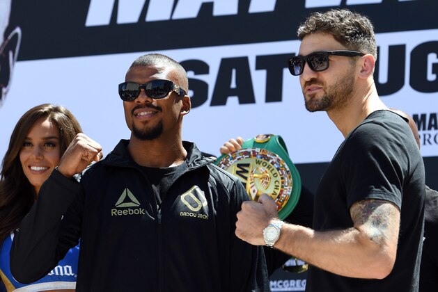 LAS VEGAS, NV - AUGUST 22:  Boxers Badou Jack (L) and WBA light heavyweight champion Nathan Cleverly pose after arriving at Toshiba Plaza on August 22, 2017 in Las Vegas, Nevada. Cleverly will defend his title against Jack at T-Mobile Arena on August 26 in Las Vegas.  (Photo by Ethan Miller/Getty Images)