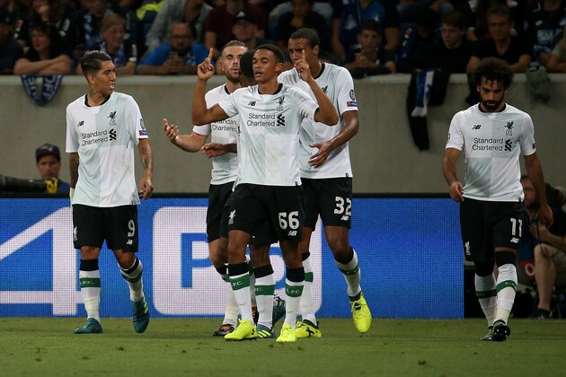 SINSHEIM, GERMANY - AUGUST 15: Trent Alexander-Arnold of Liverpool celebrates after scoring his team`s first goal during the UEFA Champions League Qualifying Play-Offs Round First Leg match between 1899 Hoffenheim and Liverpool FC at Wirsol Rhein-Neckar-Arena on August 15, 2017 in Sinsheim, Germany. (Photo by TF-Images/TF-Images via Getty Images)