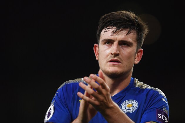 LONDON, ENGLAND - AUGUST 11:  A dejected Harry Maguire of Leicester City applauds the travelling fans following their team's 4-3 defeat during the Premier League match between Arsenal and Leicester City at the Emirates Stadium on August 11, 2017 in London, England.  (Photo by Michael Regan/Getty Images)