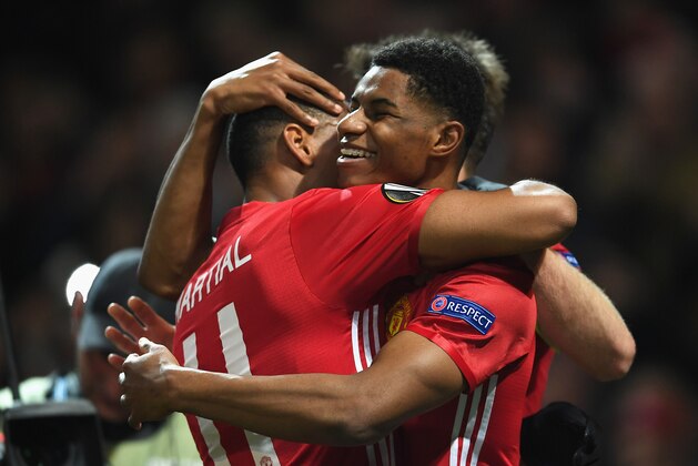 MANCHESTER, ENGLAND - APRIL 20:  Marcus Rashford of Manchester United celebrates with team mate Anthony Martial as he scores their second goal during the UEFA Europa League quarter final second leg match between Manchester United and RSC Anderlecht at Old Trafford on April 20, 2017 in Manchester, United Kingdom.  (Photo by Laurence Griffiths/Getty Images)