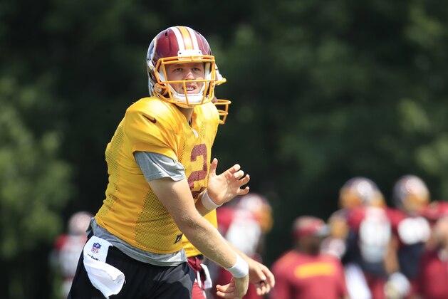 Washington Redskins quarterback Nate Sudfeld (2) follows the ball during practice at the team's NFL football training facility at Redskins Park in Ashburn, Va., ., Wednesday, Aug. 23, 2017. (AP Photo/Manuel Balce Ceneta)