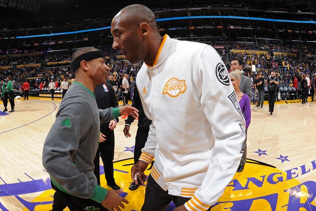 LOS ANGELES, CA - APRIL 3:  Isaiah Thomas #4 of the Boston Celtics shakes hands with Kobe Bryant #24 of the Los Angeles Lakers before the game on April 3, 2016 at STAPLES Center in Los Angeles, California. NOTE TO USER: User expressly acknowledges and agrees that, by downloading and/or using this Photograph, user is consenting to the terms and conditions of the Getty Images License Agreement. Mandatory Copyright Notice: Copyright 2016 NBAE (Photo by Andrew D. Bernstein/NBAE via Getty Images)