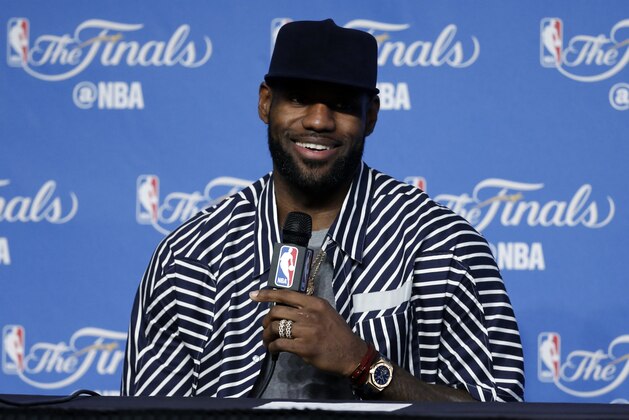 Cleveland Cavaliers' LeBron James speaks early Saturday, June 10, 2017, in Cleveland after the Cavaliers defeated the Golden State Warriors 137-116 in Game 4 of basketball's NBA Finals. (AP Photo/Ron Schwane)