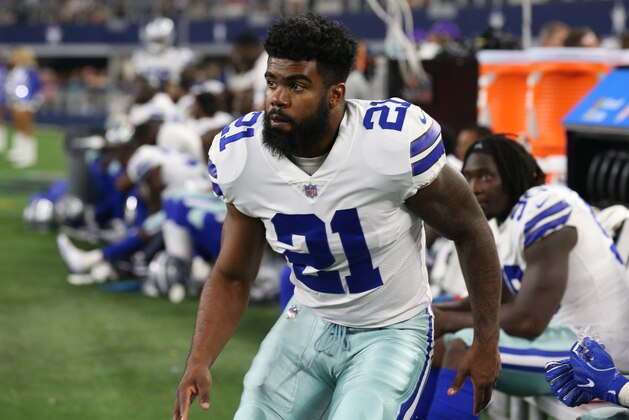 Aug 19, 2017; Arlington, TX, USA;  Dallas Cowboys  running back Ezekiel Elliott (21) on the sidelines during the game against Indianapolis Colts at AT&T Stadium. Mandatory Credit: Matthew Emmons-USA TODAY Sports