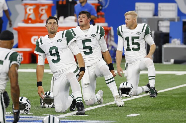 New York Jets quarterbacks Bryce Petty (9) Christian Hackenberg (5) and Josh McCown (15) stretch before an NFL pre-season football game against the Detroit Lions, Saturday, Aug. 19, 2017, in Detroit. (AP Photo/Paul Sancya)