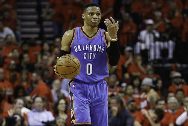HOUSTON, TX - APRIL 25: Russell Westbrook #0 of the Oklahoma City Thunder brings the ball up the court against the Houston Rockets during Game Five of the Western Conference Quarterfinals game of the 2017 NBA Playoffs at Toyota Center on April 25, 2017 in Houston, Texas. NOTE TO USER: User expressly acknowledges and agrees that, by downloading and/or using this photograph, user is consenting to the terms and conditions of the Getty Images License Agreement.  (Photo by Bob Levey/Getty Images)