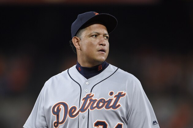 Detroit Tigers first baseman Miguel Cabrera (24) looks on during a baseball game against the Baltimore Orioles, Saturday, Aug. 5, 2017, in Baltimore. The Orioles won 5-2. (AP Photo/Nick Wass)