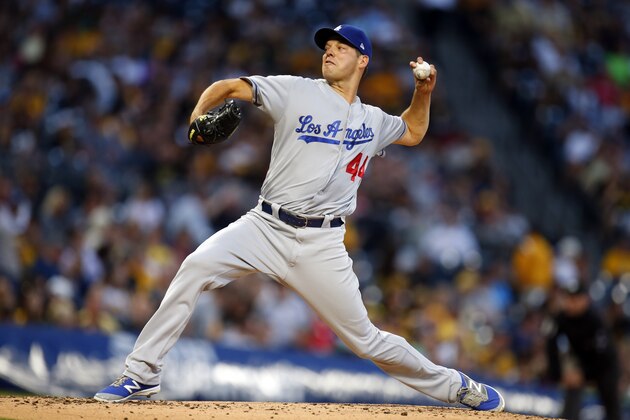PITTSBURGH, PA - AUGUST 23:  Rich Hill #44 of the Los Angeles Dodgers pitches in the third inning against the Pittsburgh Pirates at PNC Park on August 23, 2017 in Pittsburgh, Pennsylvania.  (Photo by Justin K. Aller/Getty Images)
