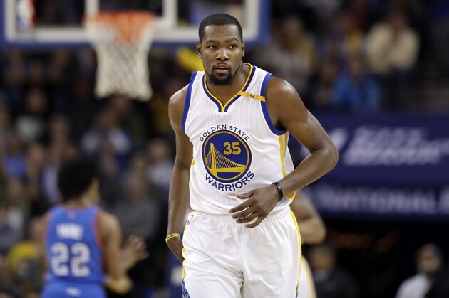 Golden State Warriors' Kevin Durant (35) during the first half of an NBA basketball game against the Oklahoma City Thunder Wednesday, Jan. 18, 2017, in Oakland, Calif. (AP Photo/Marcio Jose Sanchez)