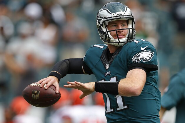 PHILADELPHIA, PA - SEPTEMBER 11: Carson Wentz #11 of the Philadelphia Eagles warms up on the field before a game against the Cleveland Browns at Lincoln Financial Field on September 11, 2016 in Philadelphia, Pennsylvania. (Photo by Rich Schultz/Getty Images)
