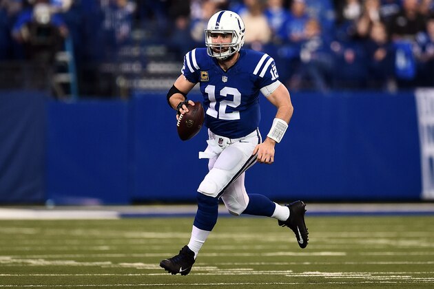 INDIANAPOLIS, IN - JANUARY 01:  Andrew Luck #12 of the Indianapolis Colts runs for yards during a game against the Jacksonville Jaguars at Lucas Oil Stadium on January 1, 2017 in Indianapolis, Indiana.  The Colts defeated the Jaguars 24-20.  (Photo by Stacy Revere/Getty Images)