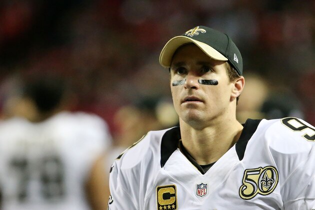 ATLANTA, GA - JANUARY 01: Drew Brees #9 of the New Orleans Saints looks on from the sidelines during the second half against the Atlanta Falcons at the Georgia Dome on January 1, 2017 in Atlanta, Georgia. (Photo by Maddie Meyer/Getty Images)