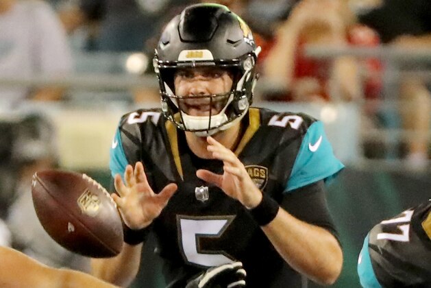 JACKSONVILLE, FL - AUGUST 17:  Blake Bortles #5 of the Jacksonville Jaguars catches a snap during a preseason game against the Tampa Bay Buccaneers at EverBank Field on August 17, 2017 in Jacksonville, Florida.  (Photo by Sam Greenwood/Getty Images)