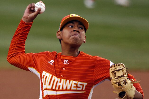 Lufkin, Texas pitcher Mark Requena delivers in the first inning of an elimination baseball game against Fairfield, Conn., in United States pool play at the Little League World Series tournament in South Williamsport, Pa., Thursday, Aug. 24, 2017. (AP Photo/Gene J. Puskar)