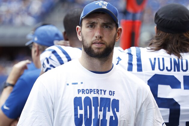 INDIANAPOLIS, IN - AUGUST 13: Andrew Luck #12 of the Indianapolis Colts looks on during a preseason game against the Detroit Lions at Lucas Oil Stadium on August 13, 2017 in Indianapolis, Indiana. The Lions won 24-10. (Photo by Joe Robbins/Getty Images)