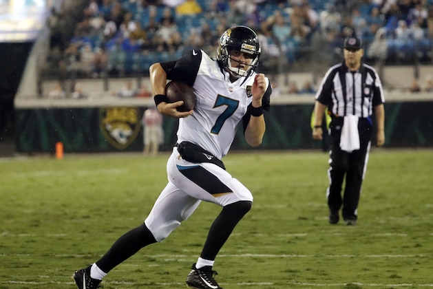 Jacksonville Jaguars quarterback Chad Henne scrambles against the Carolina Panthers during the first half of an NFL preseason football game, Thursday, Aug. 24, 2017, in Jacksonville, Fla. (AP Photo/Stephen B. Morton)
