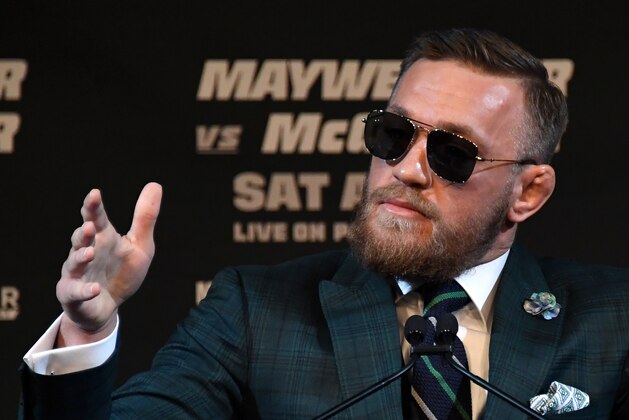 LAS VEGAS, NV - AUGUST 23: UFC lightweight champion Conor McGregor speaks during a news conference at the KA Theatre at MGM Grand Hotel & Casino on August 23, 2017 in Las Vegas, Nevada. McGregor will meet boxer Floyd Mayweather Jr. in a super welterweight boxing match at T-Mobile Arena on August 26 in Las Vegas. (Photo by Ethan Miller/Getty Images) LAS VEGAS, NV - AUGUST 23: UFC lightweight champion Conor McGregor speaks during a news conference at the KA Theatre at MGM Grand Hotel & Casino on August 23, 2017 in Las Vegas, Nevada. McGregor will meet boxer Floyd Mayweather Jr. in a super welterweight boxing match at T-Mobile Arena on August 26 in Las Vegas. (Photo by Ethan Miller/Getty Images)