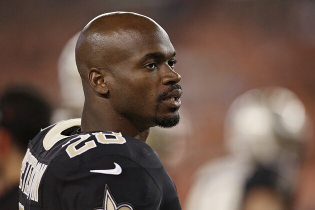 New Orleans Saints running back Adrian Peterson watches during the second half of an NFL preseason football game against the Cleveland Browns, Thursday, Aug. 10, 2017, in Cleveland. (AP Photo/Ron Schwane)