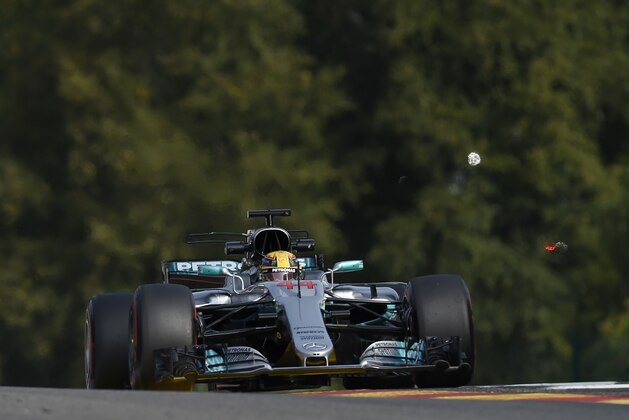 Mercedes' British driver Lewis Hamilton drives during the first practice session at the Spa-Francorchamps circuit in Spa on August 25, 2017 ahead of the Belgian Formula One Grand Prix. / AFP PHOTO / JOHN THYS        (Photo credit should read JOHN THYS/AFP/Getty Images)