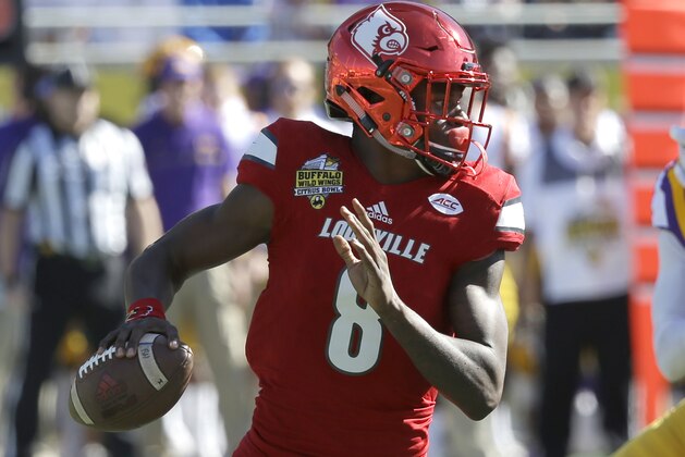 Louisville quarterback Lamar Jackson looks for a receiver against LSU during the first half of the Citrus Bowl NCAA football game, Saturday, Dec. 31, 2016, in Orlando, Fla. (AP Photo/John Raoux) Louisville quarterback Lamar Jackson looks for a receiver against LSU during the first half of the Citrus Bowl NCAA football game, Saturday, Dec. 31, 2016, in Orlando, Fla. (AP Photo/John Raoux)