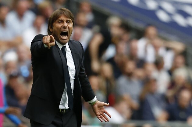 Chelsea's Italian head coach Antonio Conte gestures during the English Premier League football match between Tottenham Hotspur and Chelsea at Wembley Stadium in London, on August 20, 2017. / AFP PHOTO / IKIMAGES AND AFP PHOTO / Ian KINGTON / RESTRICTED TO EDITORIAL USE. No use with unauthorized audio, video, data, fixture lists, club/league logos or 'live' services. Online in-match use limited to 45 images, no video emulation. No use in betting, games or single club/league/player publications.        (Photo credit should read IAN KINGTON/AFP/Getty Images)