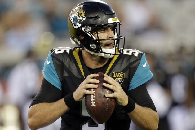 Jacksonville Jaguars quarterback Blake Bortles looks for a receiver against the Tampa Bay Buccaneers during the first half of an NFL preseason football game, Thursday, Aug. 17, 2017, in Jacksonville, Fla. (AP Photo/John Raoux)