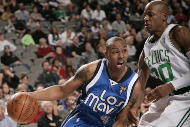 DALLAS - MARCH 20: Caron Butler #4 of the Dallas Mavericks drives against Ray Allen #20 of the Boston Celtics during a game at the American Airlines Center on March 20, 2010 in Dallas, Texas. NOTE TO USER: User expressly acknowledges and agrees that, by downloading and or using this photograph, User is consenting to the terms and conditions of the Getty Images License Agreement. Mandatory Copyright Notice: Copyright 2010 NBAE (Photo by Glenn James/NBAE via Getty Images)