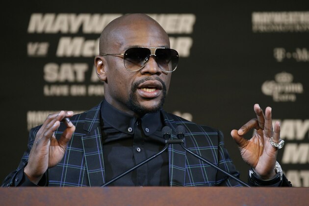 Floyd Mayweather Jr. speaks during a news conference Wednesday, Aug. 23, 2017, in Las Vegas. Mayweather is scheduled to fight Conor McGregor in a boxing match Saturday in Las Vegas. (AP Photo/John Locher) Floyd Mayweather Jr. speaks during a news conference Wednesday, Aug. 23, 2017, in Las Vegas. Mayweather is scheduled to fight Conor McGregor in a boxing match Saturday in Las Vegas. (AP Photo/John Locher)