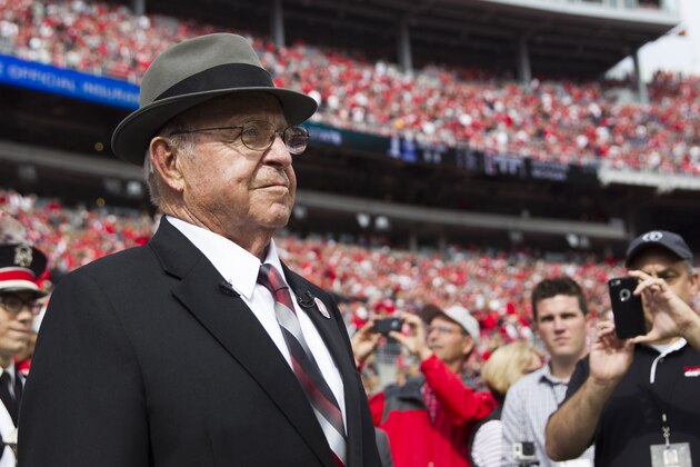 Oct 1, 2016; Columbus, OH, USA; Former Ohio State Buckeyes head coach Earle Bruce awaits on the sidelines for his chance to dot the