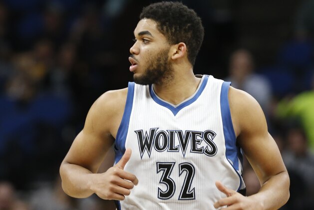 Minnesota Timberwolves' Karl-Anthony Towns plays against the Los Angeles Lakers during the second half of an NBA basketball game Thursday, March 30, 2017, in Minneapolis. (AP Photo/Jim Mone) Minnesota Timberwolves' Karl-Anthony Towns plays against the Los Angeles Lakers during the second half of an NBA basketball game Thursday, March 30, 2017, in Minneapolis. (AP Photo/Jim Mone)