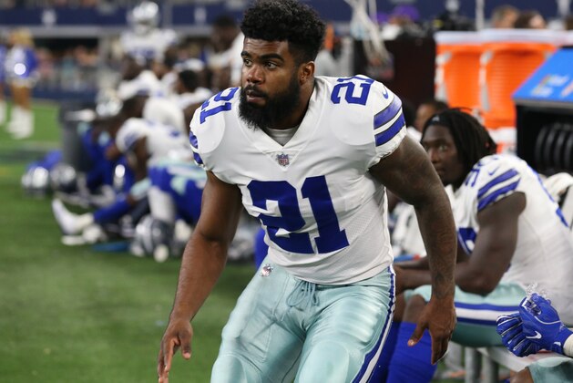 Aug 19, 2017; Arlington, TX, USA;  Dallas Cowboys  running back Ezekiel Elliott (21) on the sidelines during the game against Indianapolis Colts at AT&T Stadium. Mandatory Credit: Matthew Emmons-USA TODAY Sports