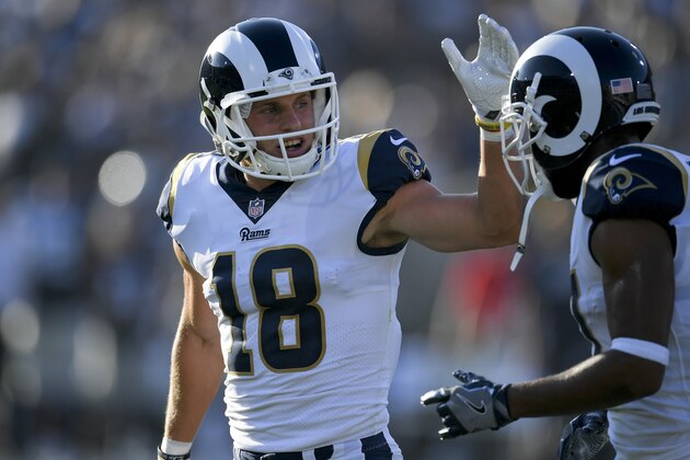 Los Angeles Rams wide receiver Cooper Kupp (18) celebrates with teammate wide receiver Robert Woods, right, after scoring off a fumble recovery during the first half of a preseason NFL football game against the Dallas Cowboys Saturday, Aug. 12, 2017, in Los Angeles. (AP Photo/Mark J. Terrill)
