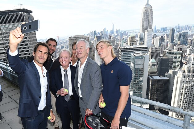 NEW YORK, NY - AUGUST 23:  (L-R) Roger Federer, Marin Cilic, Rod Laver, Tomas Berdych, John McEnroe and Denis Shapovalov take a selfie during Laver Cup Team Announcement on August 23, 2017 in New York City.  (Photo by Ilya S. Savenok/Getty Images for Laver Cup)