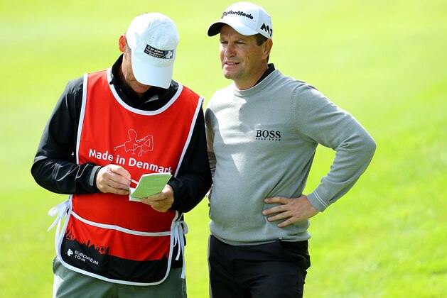 AALBORG, DENMARK - AUGUST 25:  Steve Webster of England speaks with his caddy on the 18th hole during day two of Made in Denmark at Himmerland Golf & Spa Resort on August 25, 2017 in Aalborg, Denmark.  (Photo by Warren Little/Getty Images)