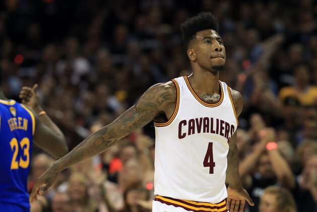 CLEVELAND, OH - JUNE 09: Iman Shumpert #4 of the Cleveland Cavaliers reacts against the Golden State Warriors during the first half in Game 4 of the 2017 NBA Finals at Quicken Loans Arena on June 9, 2017 in Cleveland, Ohio. NOTE TO USER: User expressly acknowledges and agrees that, by downloading and or using this photograph, User is consenting to the terms and conditions of the Getty Images License Agreement.  (Photo by Ronald Martinez/Getty Images)