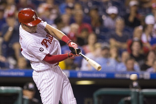 PHILADELPHIA, PA - AUGUST 23: Rhys Hoskins #17 of the Philadelphia Phillies hits an RBI double in the bottom of the sixth inning against the Miami Marlins at Citizens Bank Park on August 23, 2017 in Philadelphia, Pennsylvania. The Phillies defeated the Marlins 8-0. (Photo by Mitchell Leff/Getty Images)
