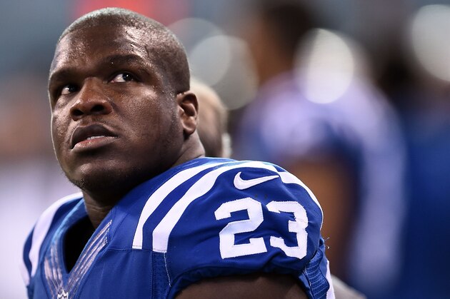 INDIANAPOLIS, IN - JANUARY 01:  Frank Gore #23 of the Indianapolis Colts watches action during a game against the Jacksonville Jaguars at Lucas Oil Stadium on January 1, 2017 in Indianapolis, Indiana.  The Colts defeated the Jaguars 24-20.  (Photo by Stacy Revere/Getty Images)