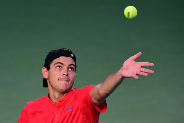 WINSTON-SALEM, NC - AUGUST 24:  Taylor Fritz serves to Roberto Bautista Agut of Spain during their quarterfinals match of the Winston-Salem Open at Wake Forest University on August 24, 2017 in Winston-Salem, North Carolina.  (Photo by Jared C. Tilton/Getty Images)