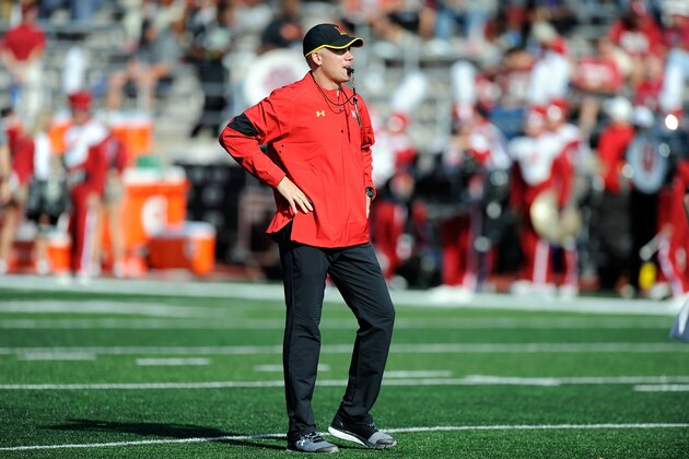 BLOOMINGTON, IN - OCTOBER 29:  Head coach DJ Durkin of the Maryland Terrapins watches the teams warm up before the game against the Indiana Hoosiers at Memorial Stadium on October 29, 2016 in Bloomington, Indiana.  (Photo by G Fiume/Maryland Terrapins/Getty Images)