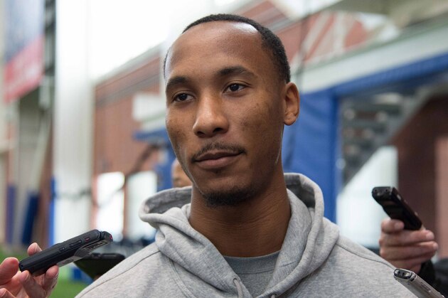 May 12, 2017; East Rutherford, NJ, USA;  New York Giants wide receiver Travis Rudolph (19) during press conference at Quest Diagnostics Training Center . Mandatory Credit: William Hauser-USA TODAY Sports