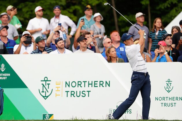 WESTBURY, NY - AUGUST 25:  Jordan Spieth of the United States plays his shot from the 15th tee during round two of The Northern Trust at Glen Oaks Club on August 25, 2017 in Westbury, New York.  (Photo by Jamie Squire/Getty Images)