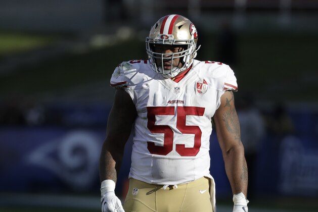 San Francisco 49ers outside linebacker Ahmad Brooks (55) during the first half of an NFL football game against the Los Angeles Rams, Saturday, Dec. 24, 2016, in Los Angeles. (AP Photo/Rick Scuteri)