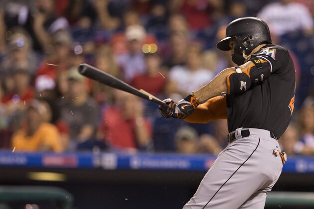 PHILADELPHIA, PA - AUGUST 23: Giancarlo Stanton #27 of the Miami Marlins breaks his bat in the top of the fourth inning against the Philadelphia Phillies at Citizens Bank Park on August 23, 2017 in Philadelphia, Pennsylvania. The Phillies defeated the Marlins 8-0. (Photo by Mitchell Leff/Getty Images)