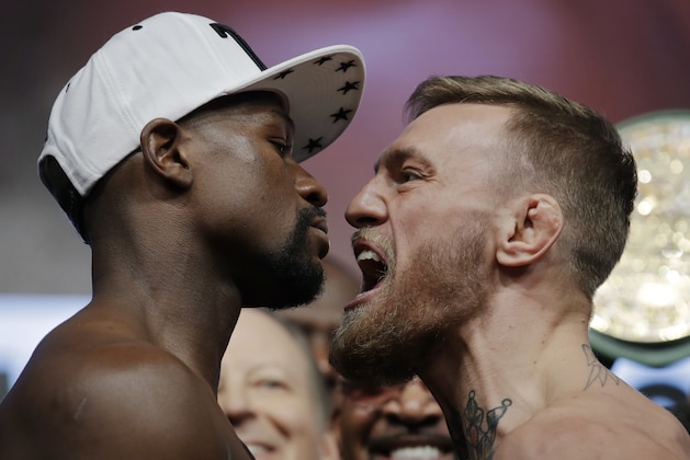 Floyd Mayweather Jr., left, and Conor McGregor face off during a weigh-in Friday, Aug. 25, 2017, in Las Vegas. The two are scheduled to fight in a boxing match Saturday in Las Vegas. (AP Photo/John Locher) Floyd Mayweather Jr., left, and Conor McGregor face off during a weigh-in Friday, Aug. 25, 2017, in Las Vegas. The two are scheduled to fight in a boxing match Saturday in Las Vegas. (AP Photo/John Locher)