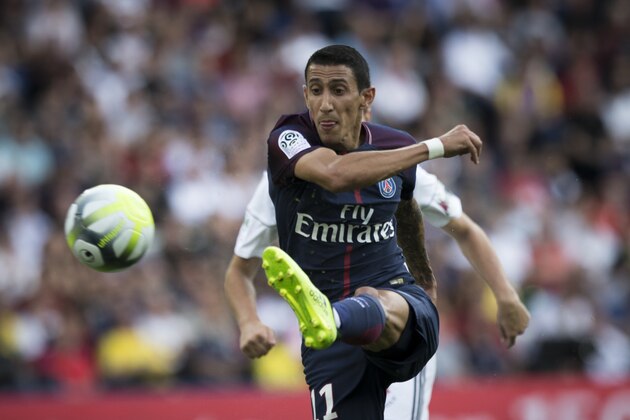 PSG's Angel Di Maria attempts a shot during the French League One soccer match between PSG and Amiens at the Parc des Princes stadium in Paris, France, Saturday, Aug. 5, 2017. (AP Photo/Kamil Zihnioglu)
