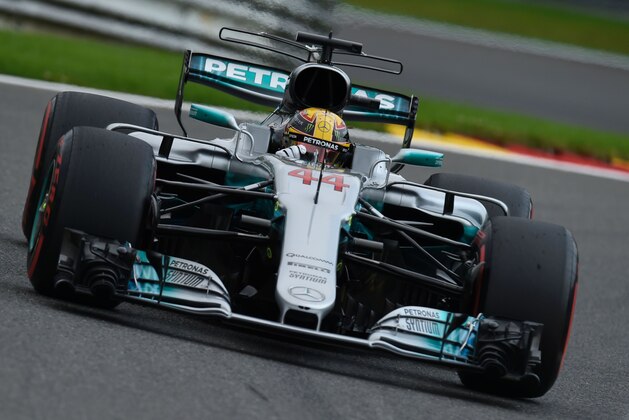 Mercedes' British driver Lewis Hamilton drives during the third practice session at the Spa-Francorchamps circuit in Spa on August 26, 2017 ahead of the Belgian Formula One Grand Prix. / AFP PHOTO / John THYS        (Photo credit should read JOHN THYS/AFP/Getty Images)