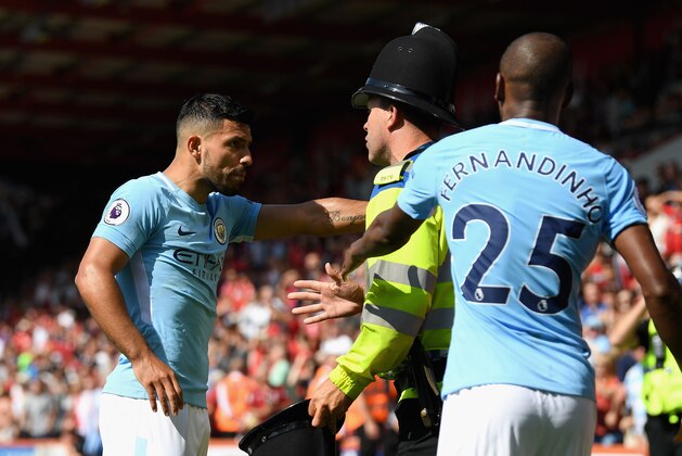 BOURNEMOUTH, ENGLAND - AUGUST 26:  Sergio Aguero of Manchester City argues with a police man during the Premier League match between AFC Bournemouth and Manchester City at Vitality Stadium on August 26, 2017 in Bournemouth, England.  (Photo by Mike Hewitt/Getty Images)