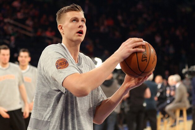 Apr 2, 2017; New York, NY, USA; New York Knicks power forward Kristaps Porzingis (6) warms up prior to the game against the Boston Celtics at Madison Square Garden. Mandatory Credit: Brad Penner-USA TODAY Sports