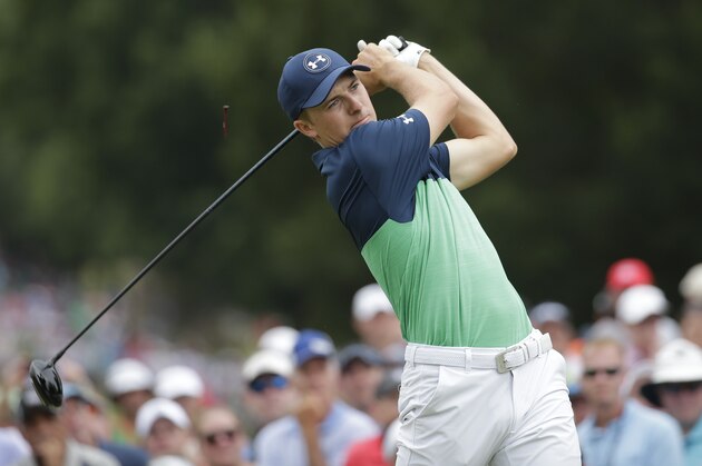 Jordan Spieth watches his tee shot on the eighth hole during the second round of the PGA Championship golf tournament at the Quail Hollow Club Friday, Aug. 11, 2017, in Charlotte, N.C. (AP Photo/Chuck Burton)